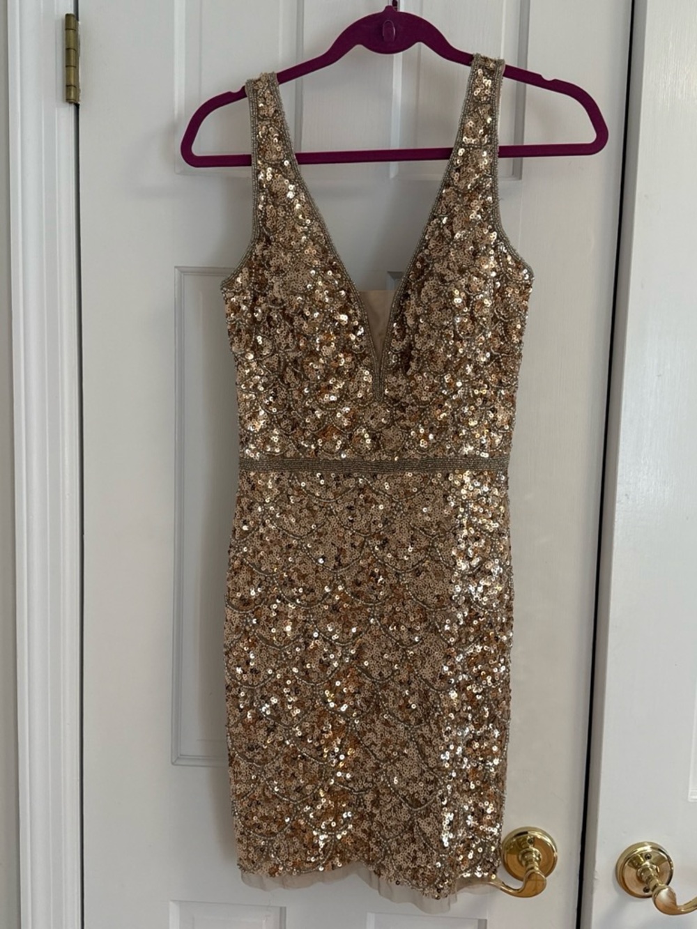 Mac Duggal Gold Sequin Plunging V-Neck Mini Dress
